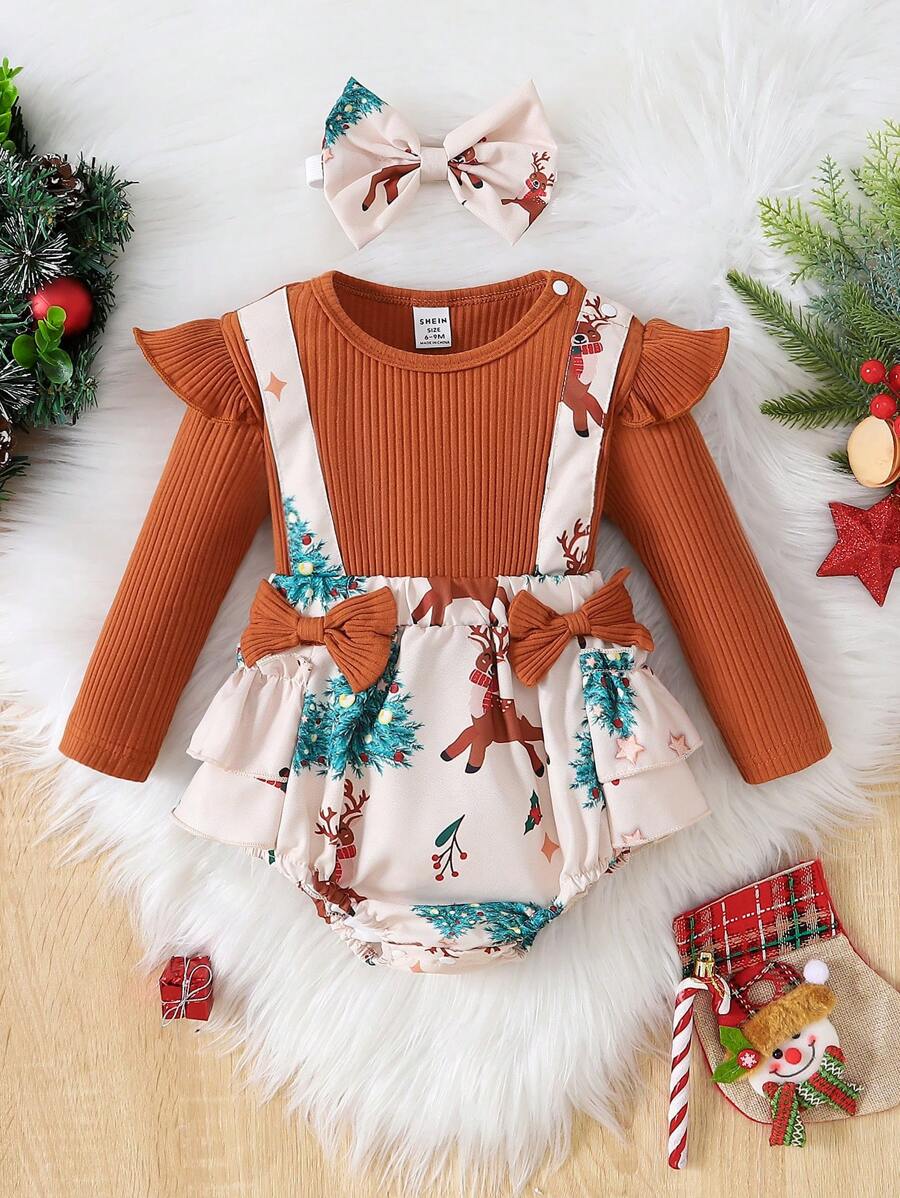 Baby Girl Christmas Print Ruffle Trim Bow Front 2 In 1 Bodysuit & Headband - Yellow - View 1