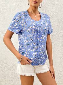 SHEIN LUNE Áo cổ chữ V in hoa Ditsy - Màu xanh nhạt - Xem 3