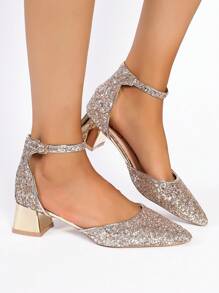 婚鞋適用於新娘,舒服的金色高跟鞋帶粗跟高跟鞋,水晶裝飾的伴娘鞋 - 金色 - 查看 2