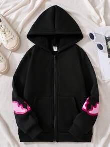 SHEIN Áo nỉ giữ nhiệt có lót, in hình gấu, túi kangaroo, dây rút, dành cho bé gái tuổi teen. - màu đen - Xem 2
