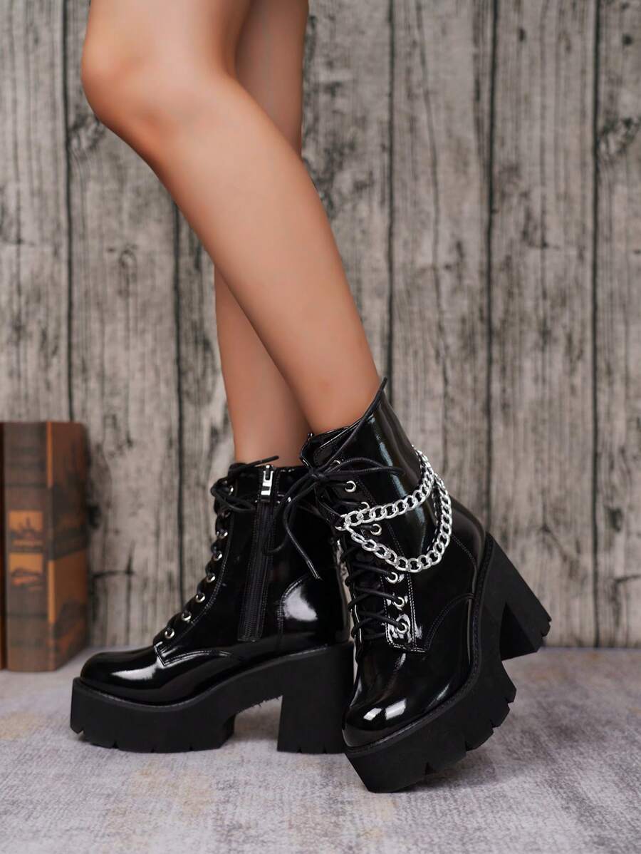 Giày bốt đế xuồng đế xuồng tối giản màu đen cho nữ, mùa thu/đông - màu đen - Xem 1