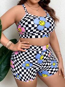 Khrim Reaper SHEIN Swim Curve Artist Girlcore Summer Beach Plus Floral & Checker Print Bikini Set, Women Clothes, For Summer, Festival