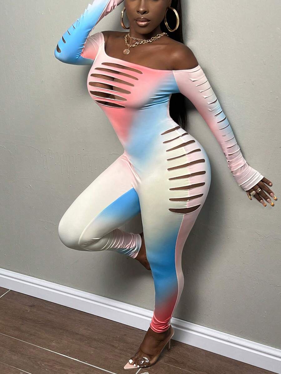 Slaydiva Ombre Off Shoulder Ladder Cut Out Unitard Jumpsuit - Multicolor - View 1