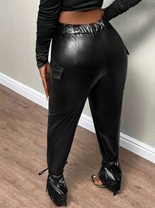 Slaydiva Flap Pocket Side Knot Hem PU Leather Pants - Black - View 3
