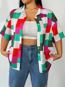 SHEIN LUNE Plus Plaid Print Drop Shoulder Shirt - Multicolor - View 5