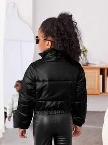 SHEIN Tween Girl Zip Up Padded Coat - Black - View 2