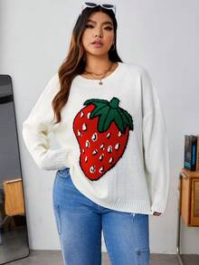 SHEIN EZwear 大碼草莓圖案落肩袖套頭毛衣 - 白色 - 查看 5