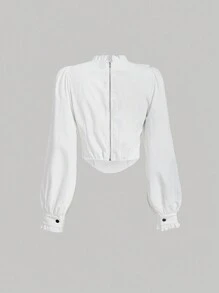 SHEIN MOD Bow Front Ruffle Trim Puff Sleeve Blouse - White - View 2