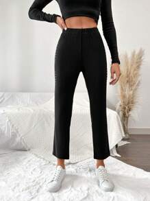 EURMUSE Women's Fashionable Versatile Commuter Rhinestone Decorated Pants - Black - View 5