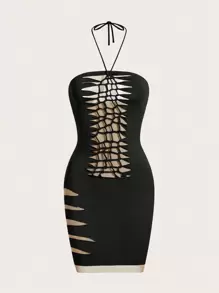 SHEIN ICON Ladder Cut Out Halter Neck Bodycon Dress - Black - View 1