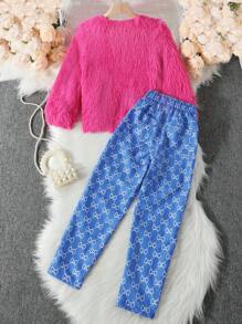 SHEIN Tween Girl Solid Open Front Fuzzy Jacket & Allover Print Pants Without Sweater