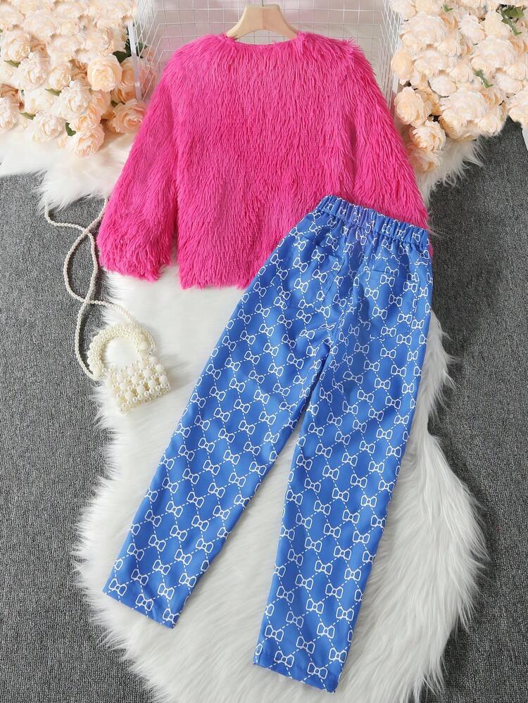 Tween Girl Solid Open Front Fuzzy Jacket & Allover Print Pants Without Sweater