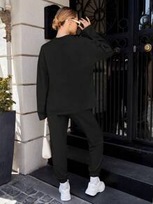 SHEIN Cottnline 纯色落肩运动衫和运动裤 - 黑色 - 查看 2