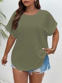 SHEIN Frenchy Plus Solid Batwing Sleeve Tee - Olive Green - View 1