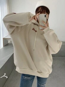 DAZY Letter Graphic Drop Shoulder Drawstring Hoodie,Long Sleeve Tops,Fall Clothes Sweatshirt - Apricot - View 3