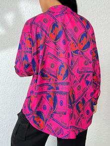 SHEIN Coolane Plus Allover Print Drop Shoulder Shirt - Hot Pink - View 3