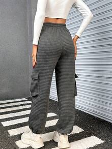 SHEIN Essnce Flap Pocket Side Elastic Waist Sweatpants - Dark Grey - View 2