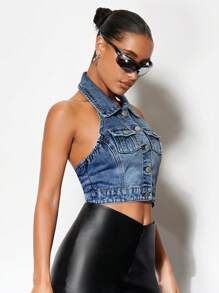 SHEIN BAE 翻蓋口袋前紐扣繞頸露背短款牛仔上衣 - 藍色 - 查看 4