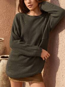 Bohemela Solid Drop Shoulder Sweater Dress - Army Green - View 1