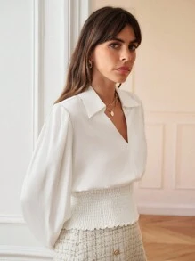 SHEIN Frenchy Solid Surplice Neck Lantern Sleeve Blouse Winter White Casual - White - View 6