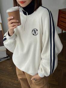 FRIFUL 女士休闲撞色条纹字母刺绣卫衣，秋冬款 - 米色 - 查看 9