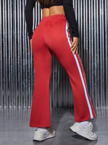 SHEIN PETITE Letter Graphic Contrast Tape Side Split Hem Drawstring Waist Flare Leg Sweatpants - Red - View 2