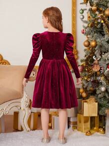 女大童網紗肩部羊腿袖金屬亮絲絲絨派對禮服適用於聖誕