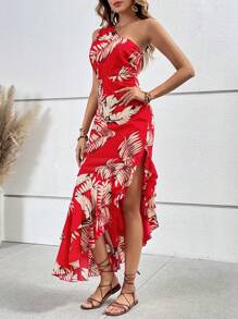 SHEIN VCAY Tropical Print One Shoulder Cut Out Ruffle Asymmetrical Hem Dress - Red - View 5