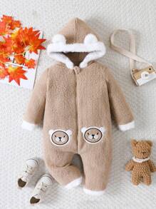 女嬰熊刺繡 3D 耳朵設計連帽泰迪連身褲 - 彩色 - 查看 1