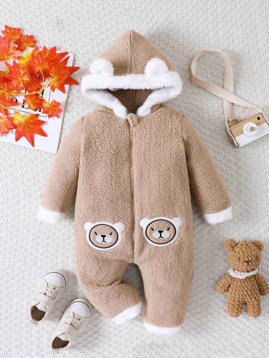 女嬰熊刺繡 3D 耳朵設計連帽泰迪連身褲 - 彩色 - 查看 1