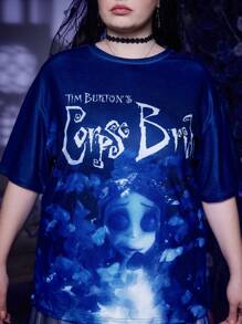 Corpse Bride | ROMWE Plus Letter & Figure Graphic Drop Shoulder Tee - Navy Blue - View 4