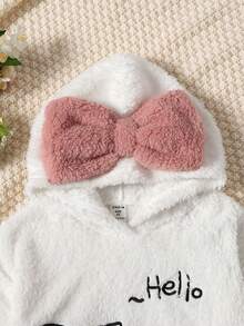 SHEIN Young Girl Cartoon & Letter Embroidery Bow Hooded Teddy Sweatshirt - White - View 5