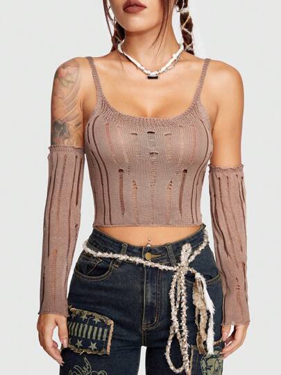 Grunge Punk Top tejido de tirantes crop unicolor desgarro con mangas de brazo