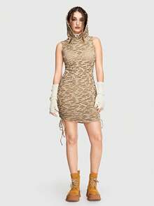 ROMWE Grunge Punk Abito aderente monocolore coulisse laterale plissettato con cappuccio - Cachi - Visualizzare 3