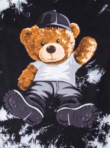 SHEIN 男大童紮染小熊印花套頭衫和運動褲 - 黑色 - 查看 3