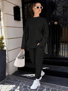 SHEIN Cottnline 纯色落肩运动衫和运动裤 - 黑色 - 查看 4