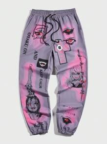 ROMWE MEN Anime 男士卡通和字母圖形束腰運動長褲 - 深灰色 - 查看 1