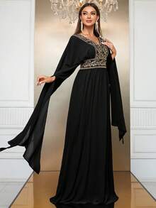 YISIKADO 亮片拼接開衩袖土耳其長袍 - 黑色 - 查看 3