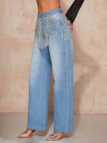 SHEIN BAE Fringe Trim Wide Leg Jeans