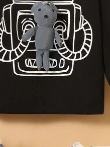 SHEIN 男大童反光熊和字母圖案連帽加絨內裏外套 - 黑色 - 查看 7