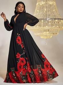 大碼印花雪紡洋裝 - 黑色 - 查看 5