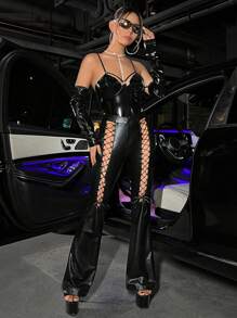 SHEIN ICON 鏤空緊身上衣PU皮革連體衣