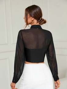 SHEIN Privé 純色正面鈕扣短款 PU 皮革襯衫 - 黑色 - 查看 2