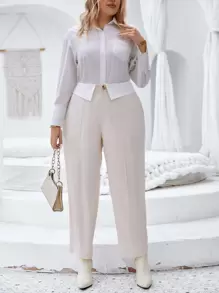 SHEIN LUNE Plus Contrast Panel Suit Pants - Apricot - View 3