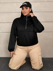 SHEIN EZwear 大碼半拉鏈落肩袖運動衫 - 黑色 - 查看 5