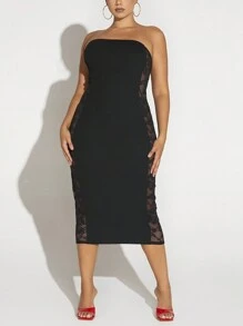 SHEIN SXY 大尺碼蕾絲拼接緊身抹胸連身裙 - 黑色 - 查看 4