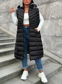 EURMUSE Plus Fuzzy Trim Hooded Puffer Vest Coat, For Winter - Black - View 3