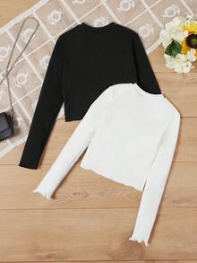 EURMUSE 2pcs Round Neck Solid Color Long Sleeve T-Shirt With Lettuce Trim - Multicolor - View 2