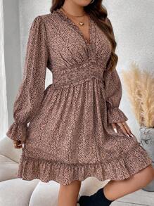 Franclia Plus Dalmatian Print Flounce Sleeve Ruffle Hem Dress