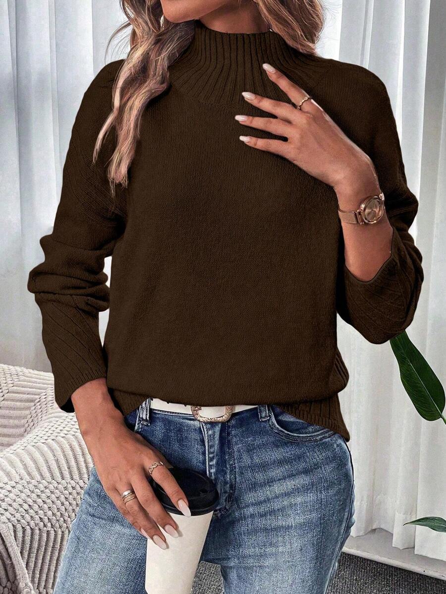 SHEIN LUNE Suéter de Gola Alta com Ombros Caídos, Blusas de Manga Longa Tricotadas, Suéter de Inverno - Chocolate - Visão 1
